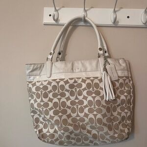Coach White and Tan Canvas Tote Bag